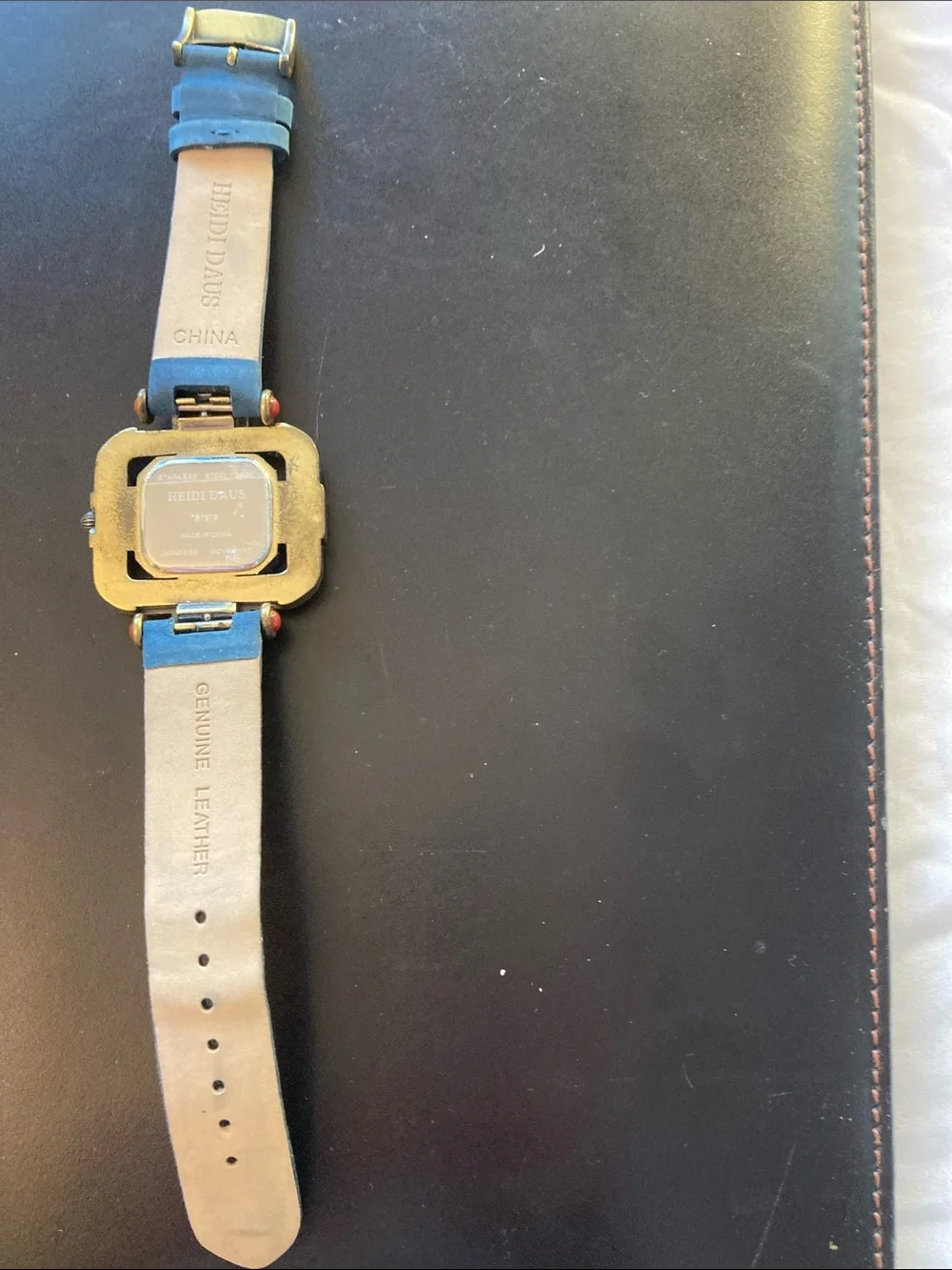 Multicolor Stone-Embellished Square Watch with Blue Strap
